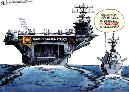 Political Cartoon U.S. Trump Foreign Policy Military Aircraft Carrier