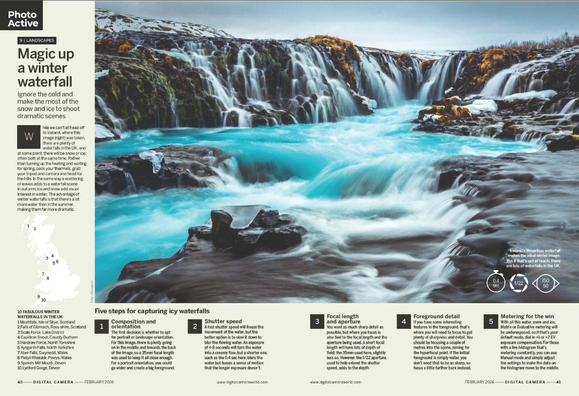 Image showing project 9 of the Photo Active projects section in issue 303 (February 2026) of Digital Camera magazine, explaining how to capture waterfalls in icy conditions