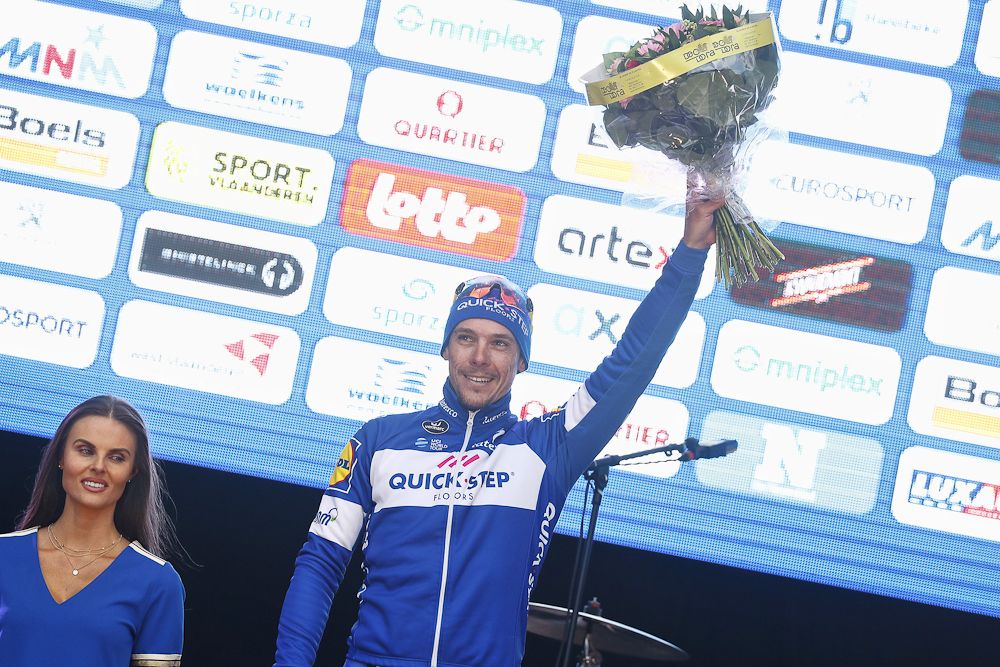 Philippe Gilbert on the podium after taking second in E3 Harelbeke
