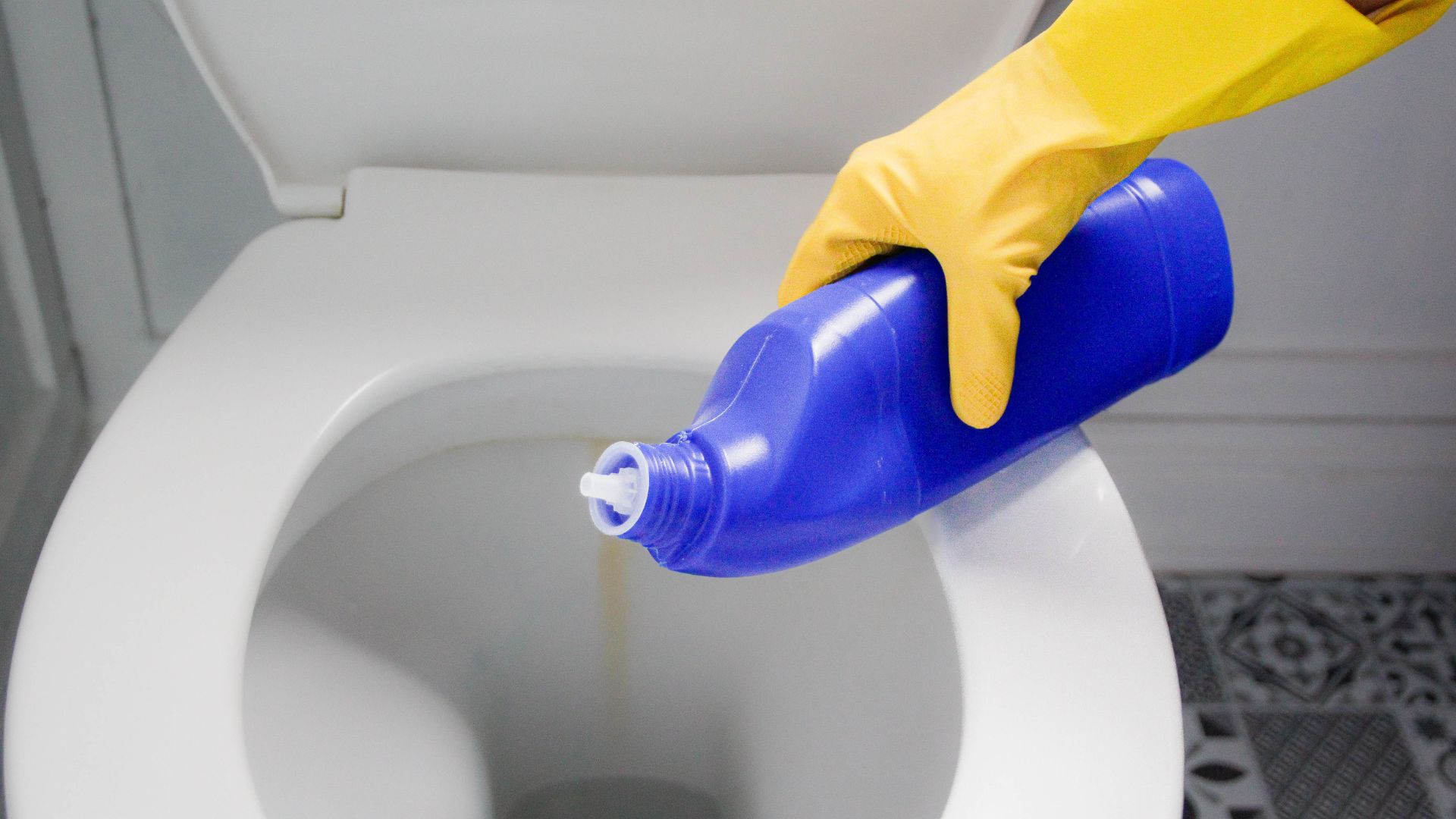 picture of woman using bottle of bleach to clean toilet