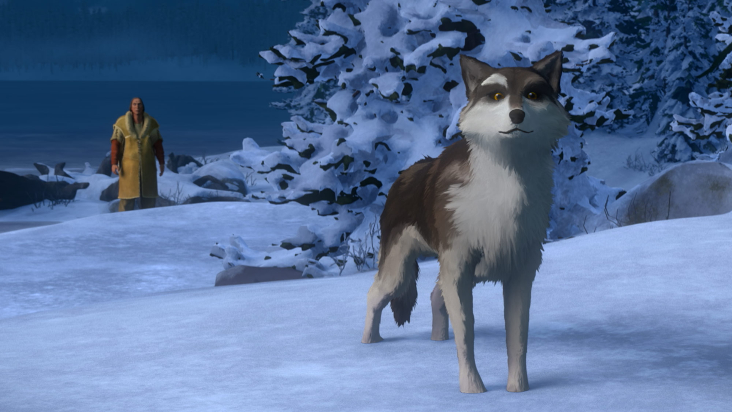 White Fang a snowy field with the Native American Grey Beaver in the background in White Fang, one of the Best family movies on Netflix