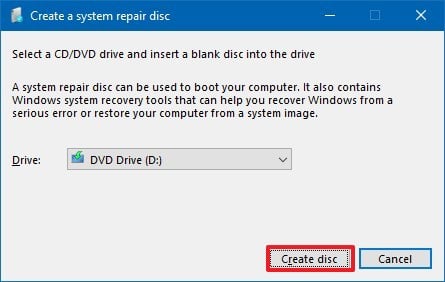 Create recovery disc on Windows 10