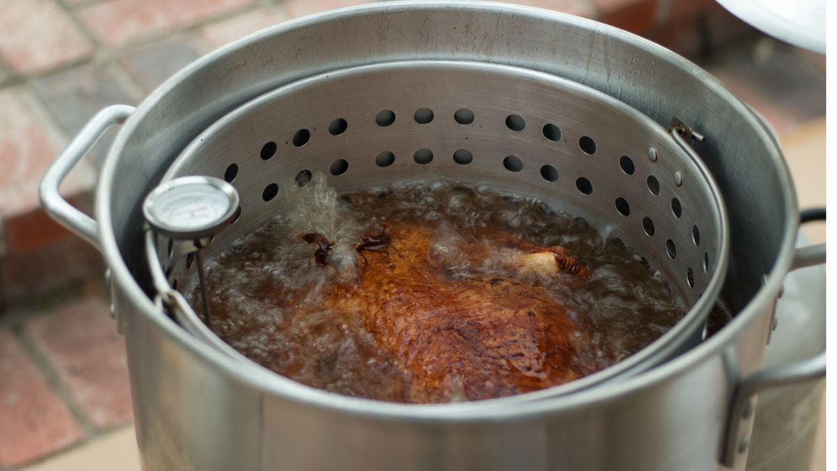 Turkey fryer cooking outdoors