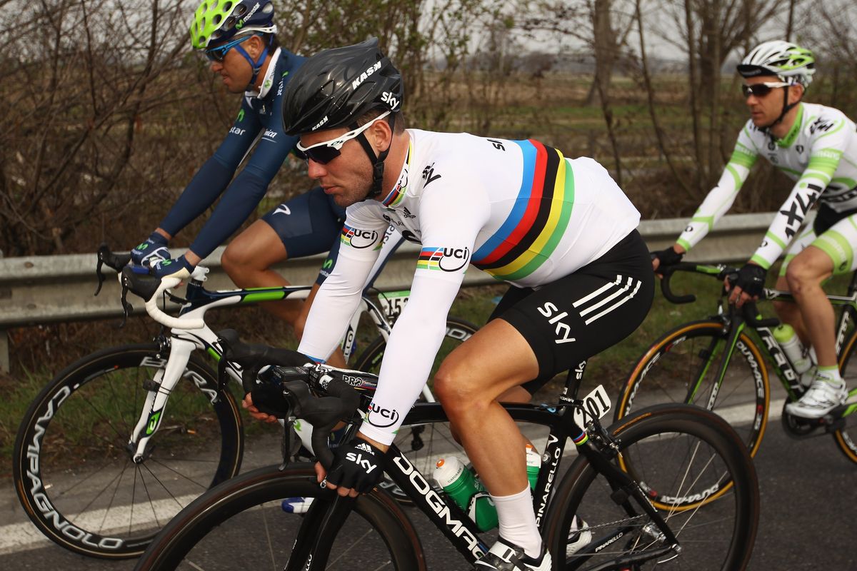 Mark Cavendish of Great Britain and Team SKY rides in the peloton during the 2012 Milan Sanremo cycle race on March 17, 2012