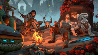 Several adventurers from Valheim gather in an accursed locale in the Ashlands, with one wounded viking being tended to by his compatriot amidst the smoke and ash.