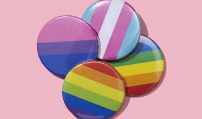 What does LGBTQ+ mean? High angle view of some pin buttons patterned with different LGBTIQ flags, such as the gay pride flag, the transgender pride flag or the bisexual pride flag, on a pink background
