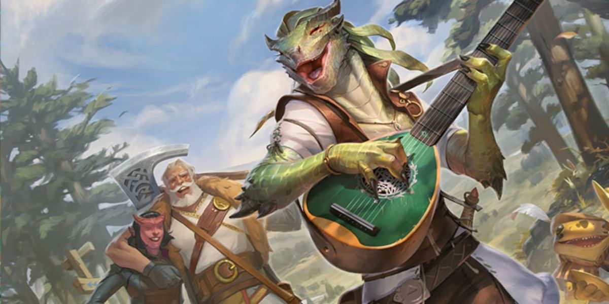 lizardman playing a lute fantasy setting