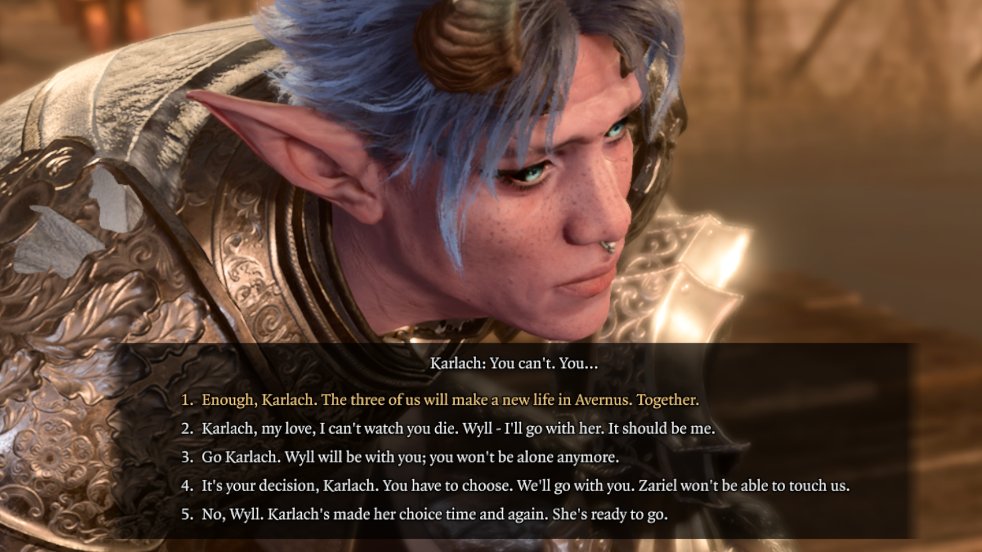 My tiefling paladin in Baldur's Gate 3 deeply considers the potential choices for Karlach's ending.