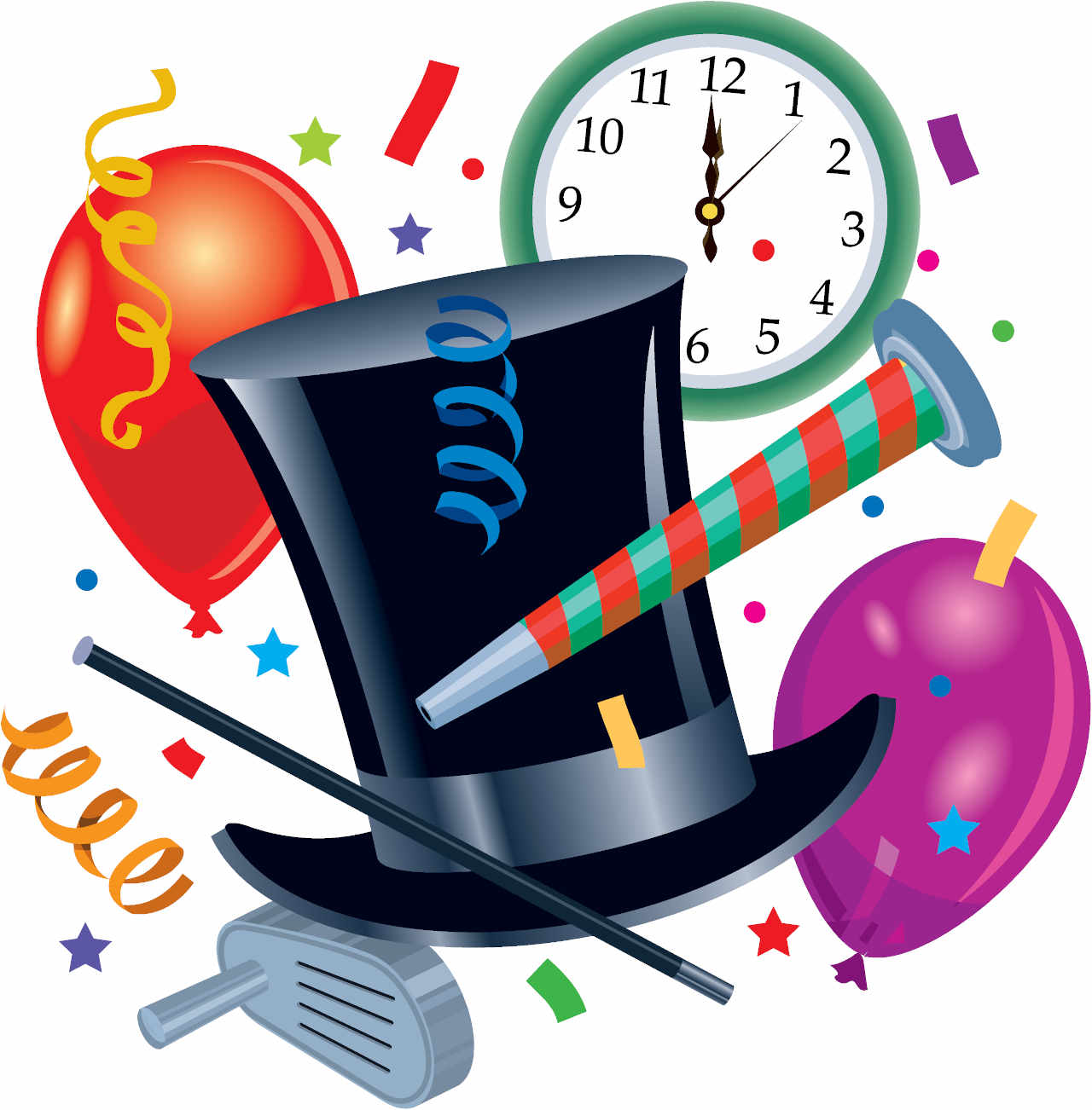Illustration of top hat, party balloons. noisemaker, confetti and clock striking 12
