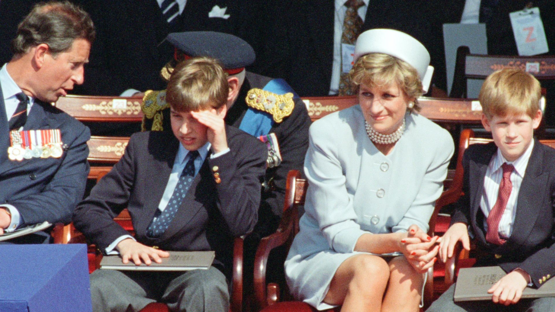 King Charles, Prince William, Princess Diana, and Prince Harry on the 50th anniversary of VE Day on May 7, 1995