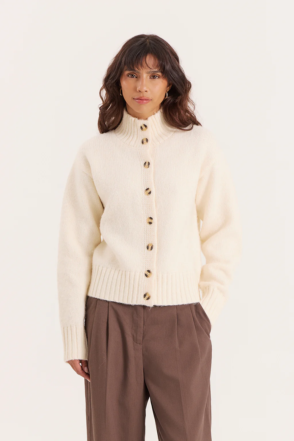 4th &amp;amp; Reckless UK, Cream Knitted Ribbed Cuff Button Down Cardigan