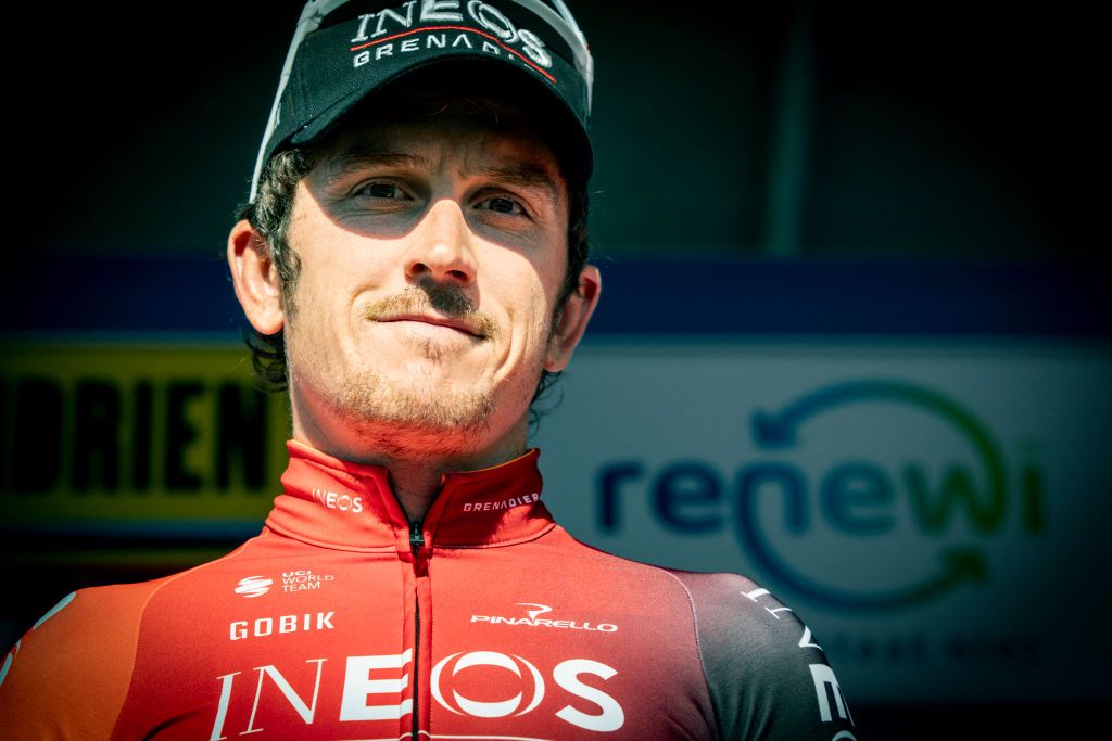 Ineos Grenadiers rider Britain&#039;s Geraint Thomas reacts during the presentation of the teams ahead of the &#039;Renewi Tour&#039; multi-stage cycling race, from Riemst to Bilzen (163,6 km) on August 27, 2024. The five-day race takes place in Belgium and the Netherlands. (Photo by DAVID PINTENS / Belga / AFP) / Belgium OUT