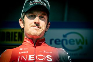 Ineos Grenadiers rider Britain's Geraint Thomas reacts during the presentation of the teams ahead of the 'Renewi Tour' multi-stage cycling race, from Riemst to Bilzen (163,6 km) on August 27, 2024. The five-day race takes place in Belgium and the Netherlands. (Photo by DAVID PINTENS / Belga / AFP) / Belgium OUT