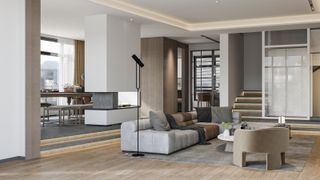 contemporary open plan living space with split level separating dining area from living room