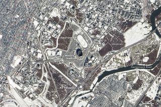 This view of the MetLife Stadium, home of Super Bowl XLVIII, from space was captured by NASA's Earth Observatory-1 satellite on Jan. 30, 2014. Prominent landmarks are labelled.