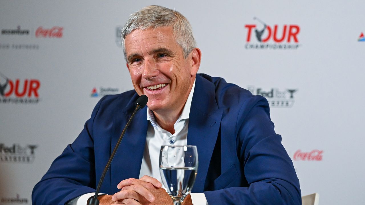 Jay Monahan talks to the media before the Tour Championship at East Lake