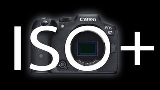 Canon EOS R7 camera, against a black background, with the text &quot;ISO+&quot;