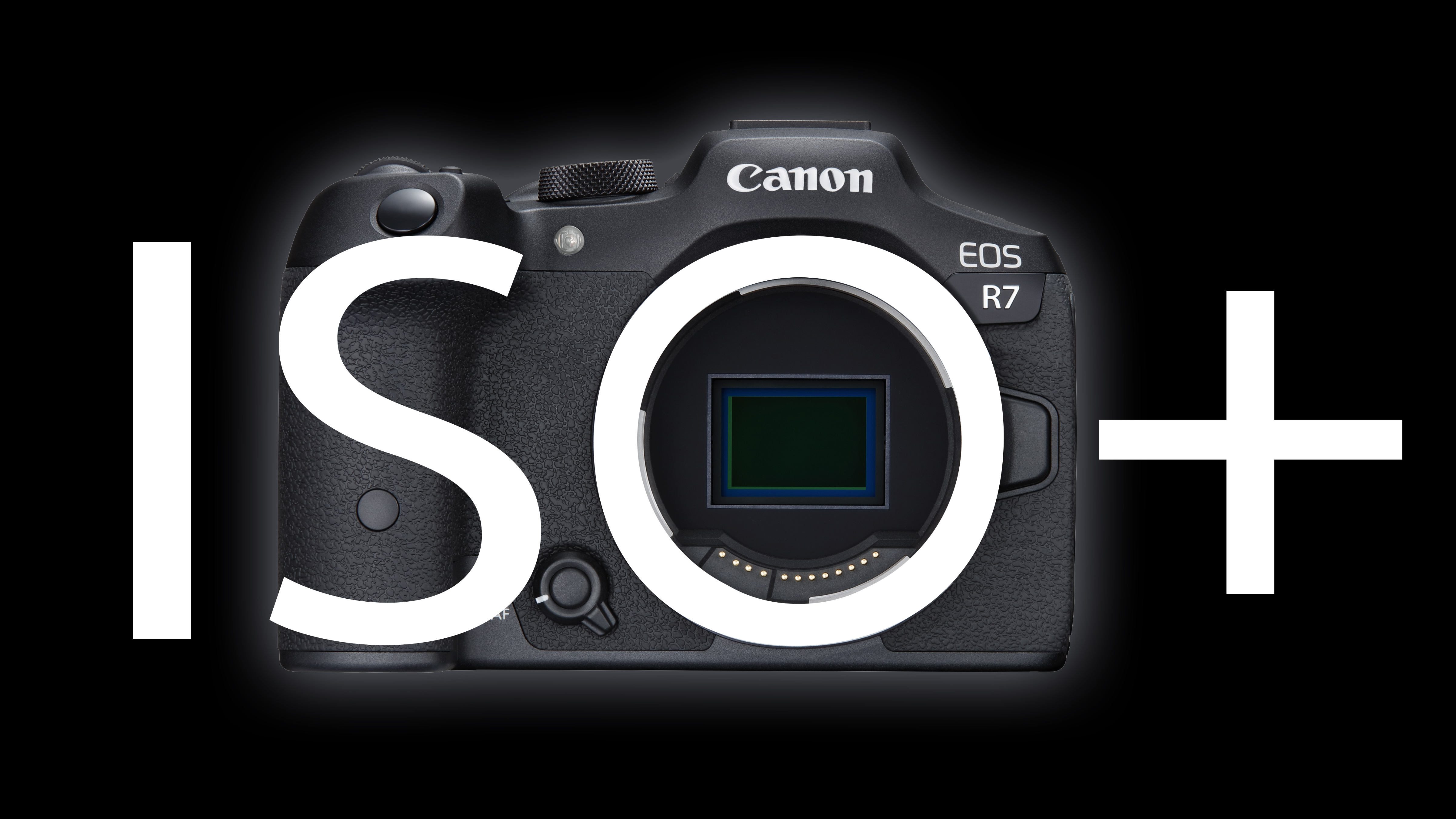 Canon EOS R7 camera, on a black background, with text 