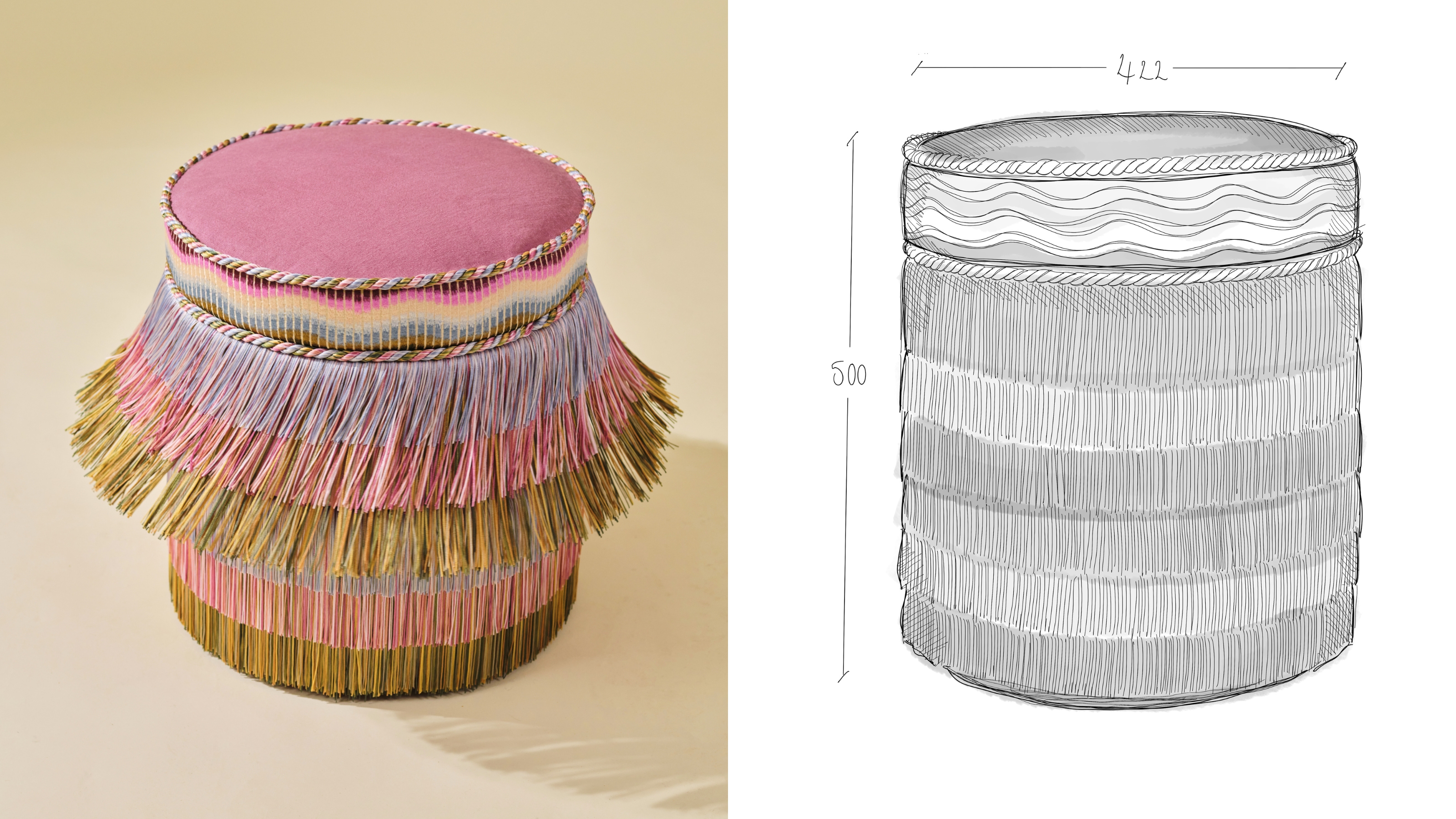 a sketch of a fringed pouffe and the real design