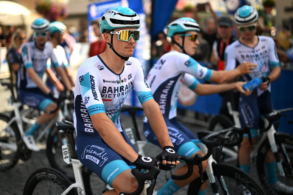 SCHWEINFURT GERMANY AUGUST 22 Matevz Govekar of Slovenia and Team Bahrain Victorious prior to the 39th Deutschland Tour 2024 Stage 1 a 1763km stage from Schweinfurt to Heilbronn on UCIWT August 22 2024 in Schweinfurt Germany Photo by Christian KasparBartkeGetty Images