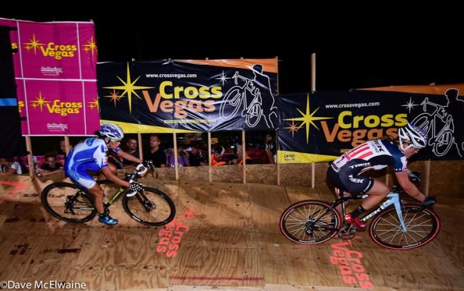 Katie Compton (Trek Cyclocross Collaborative) leading Nash on a wooden banked turn