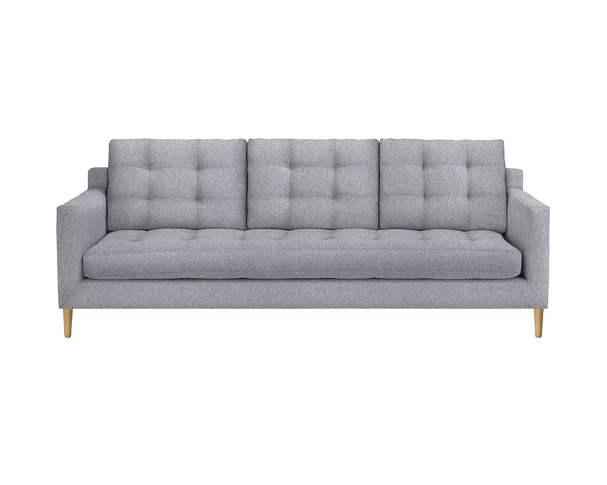 A grey high back sofa with wooden legs