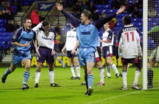 Clint Hill celebrates after scoring the winning goal for Tranmere Rovers against Bolton Wanderers in the first leg of the 2000 League Cup semi-final