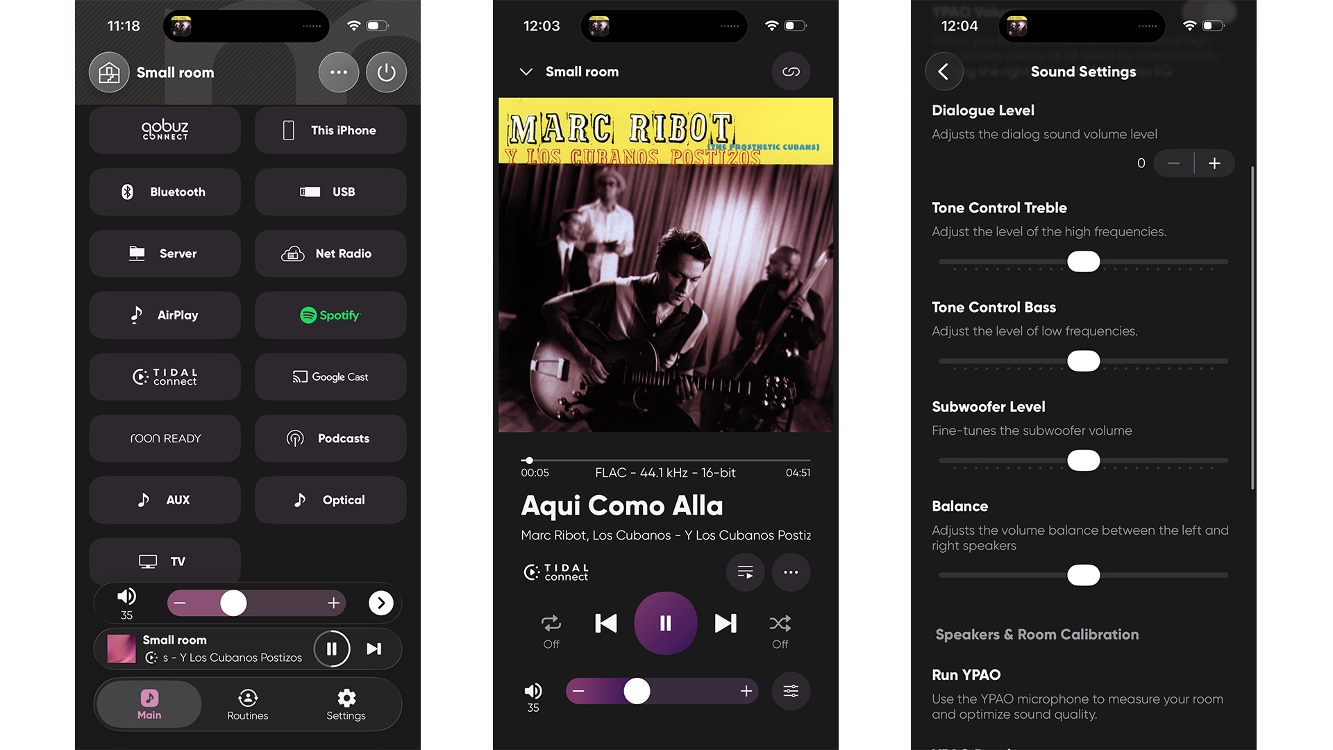 Yamaha NX-70A all-in-one system app on three smartphone screens