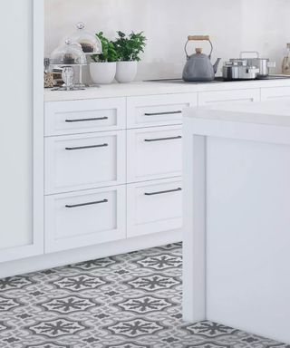 Peel and stick floor tiles in a white kitchen