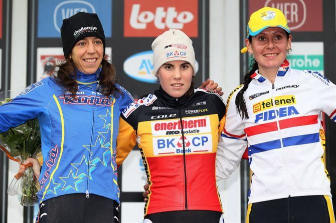 Elite women's podium at Superprestige Gavere (L-R): Helen Wyman, Sanne Cant and Nikki Harris