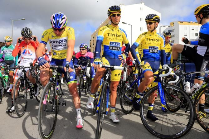Two-time Volta ao Algarve champion Alberto Contador and his Tinkoff-Saxo teammates wait for the start of stage 2