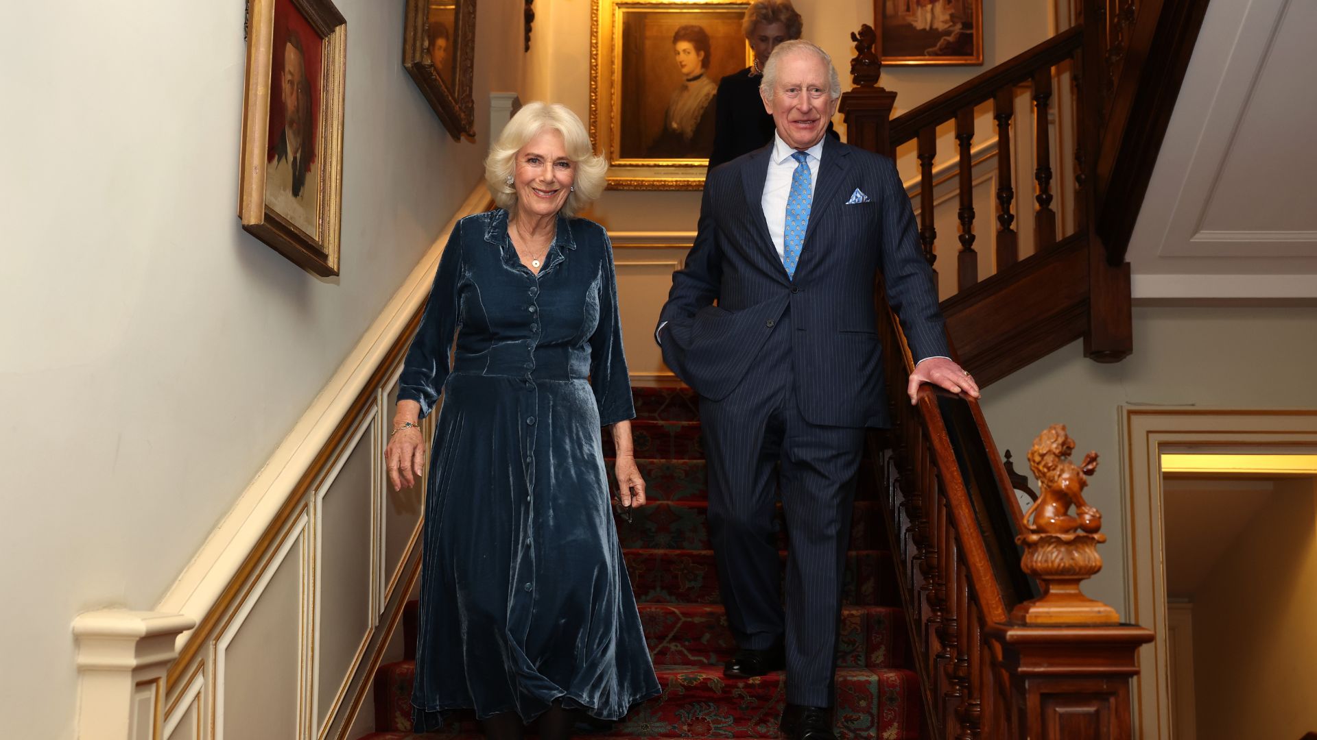 Queen Camilla and King Charles III arrive for a reception to mark the launch of the Queen&#039;s reading room medal at Clarence House