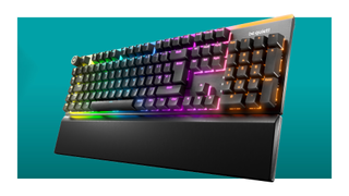 The be quiet! Light Mount mechanical keyboard floats in the teal-gradient PC Gamer deal void. The ARGB lights are on and the magnetic wrist rest is attached.