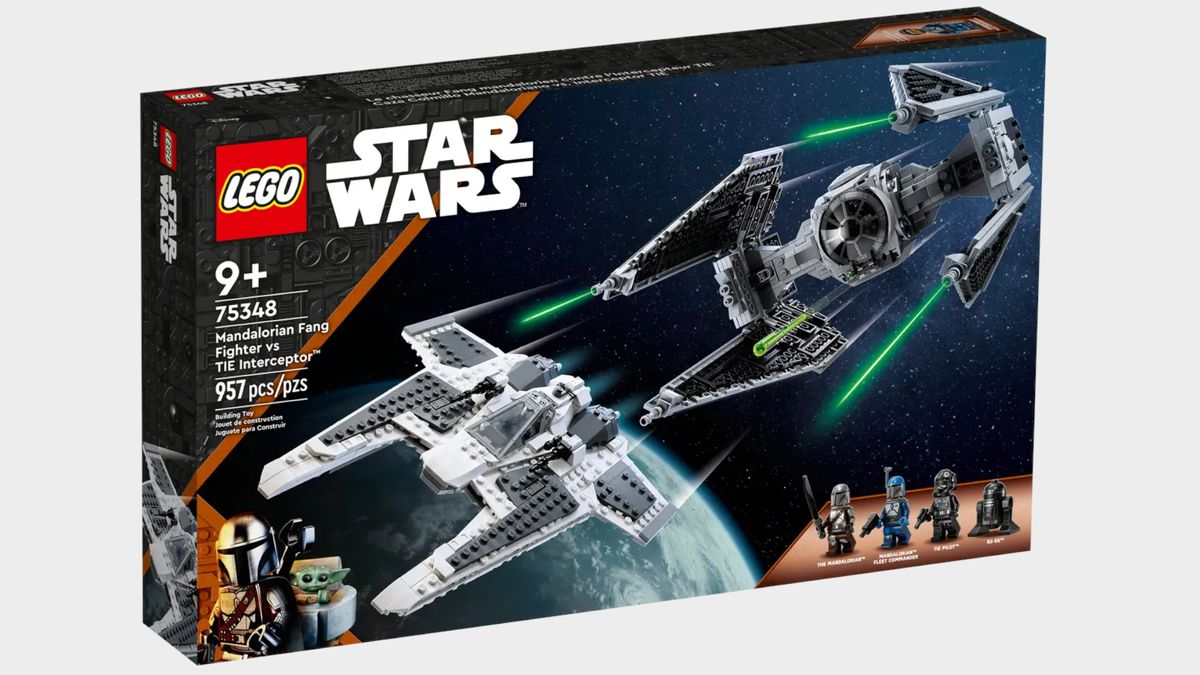 Lego Mandalorian Fang Fighter vs. TIE Interceptor set and box on a plain background