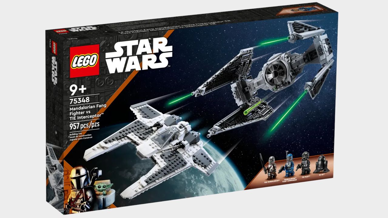 Lego Mandalorian Fang Fighter vs. TIE Interceptor set and box on a plain background