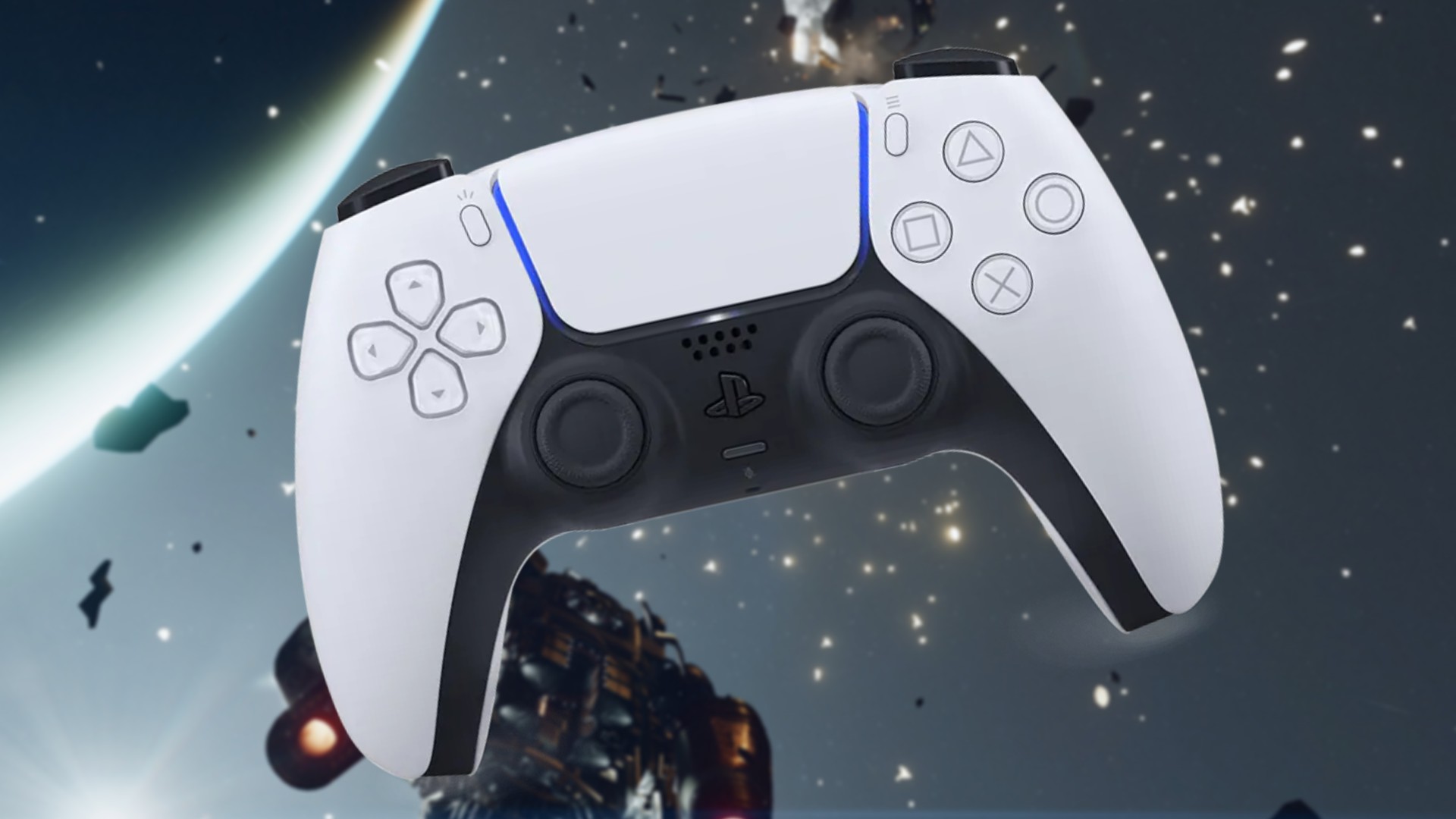 A PS5 controller over the background of Starfield