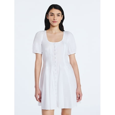 Scoop Women&amp;rsquo;s Button Front Mini Dress With Puff Sleeves, Sizes Xs-Xxl