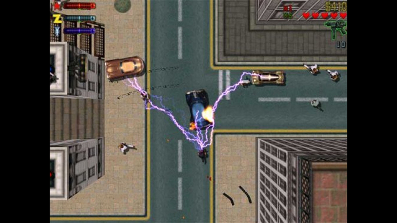 Using the electro gun to blast multiple enemies and cars in GTA 2