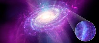 An artist's depiction of pristine gas (shown in magenta) in the Milky Way.