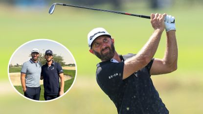 Dustin Johnson hitting a wedge shot with an inset of him and Thomas Pieters in 4Aces gear