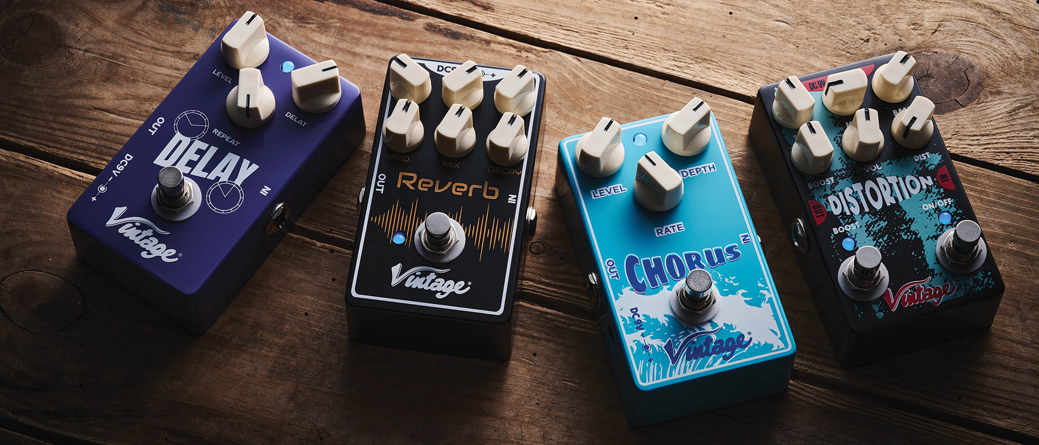 Vintage Distortion, Chorus, Reverb and Delay Pedals
