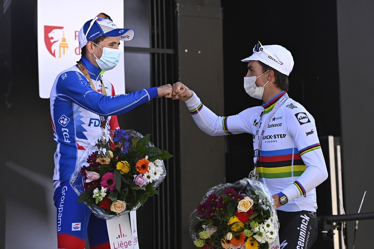 Liege Bastogne Liege 2021 107th Edition Liege Liege 2591 km 25042021 David Gaudu FRA Groupama FDJ Julian Alaphilippe FRA Deceuninck QuickStep photo Gregory Van GansenBettiniPhoto2021