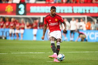 Marcus Rashford #10 of Manchester United takes a shot during the penalty shootout during a game between Arsenal F.C.and Manchester United at MetLife Stadium on July 22, 2023 in East Rutherford, NJ. (Photo by Mike Lawrence/ISI Photos/Getty Images)