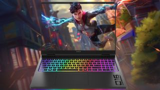 HP Omen gaming laptop shown against a rendered background of an action game