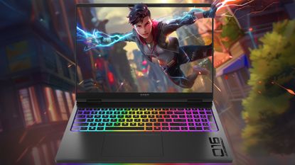 HP Omen gaming laptop shown against a rendered background of an action game