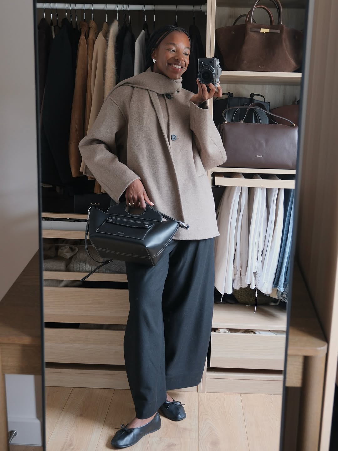 woman wearing winter ballet flat outfit 2025