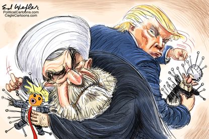 Political Cartoon Voodoo Doll Iran Trump Escalating Tension