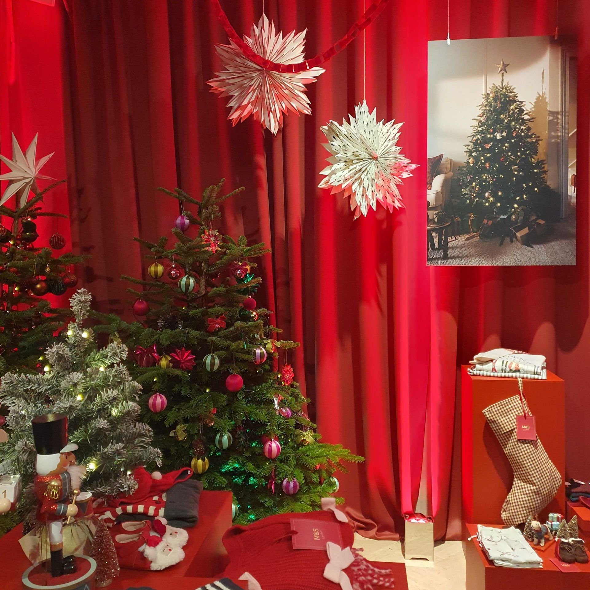 Marks & Spencer's Christmas press show for 2026 with three decorated Christmas trees and two large paper star decorations hung from the ceiling