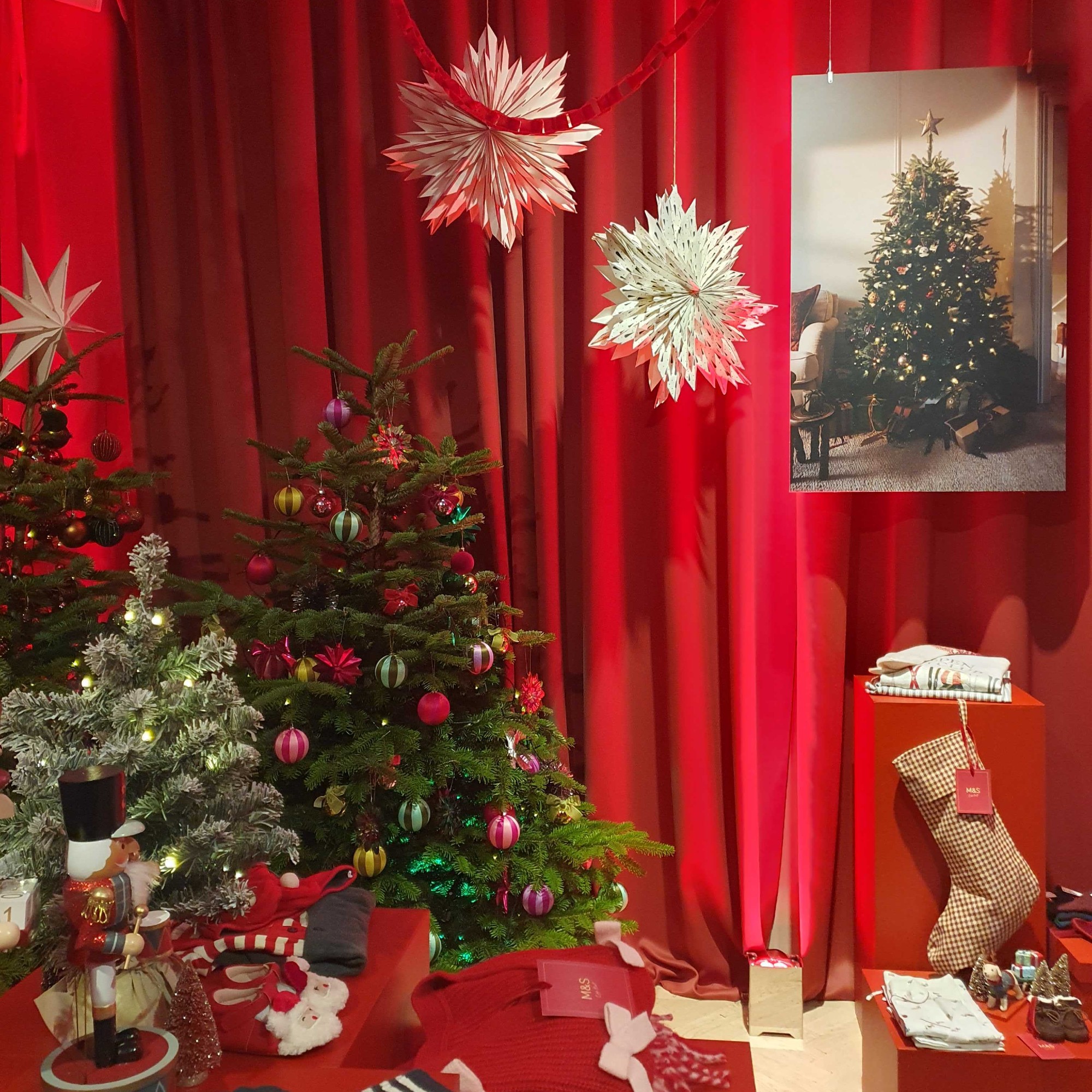 Marks &amp;amp; Spencer's Christmas press show for 2026 with three decorated Christmas trees and two large paper star decorations hung from the ceiling