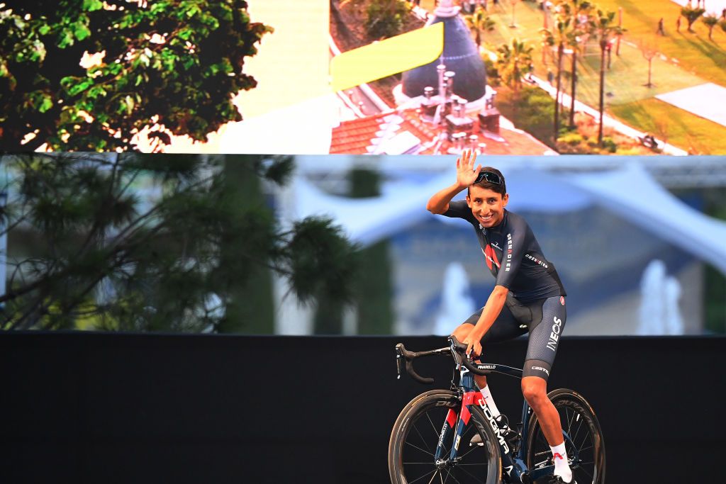 Defending Tour de France champion Egan Bernal (Ineos Grenadiers) waves to the crowd at the teams presentation in Nice